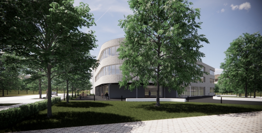 3D-Zeichnung eines Gebäudes mit drei Bäumen davor